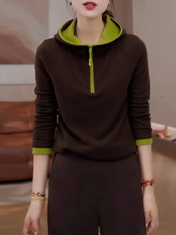 هودي نسائي طويل بسحاب، تصميم أنيق للخريف والشتاء، مقاسات كبيرة، مريح، على الطراز الكوري