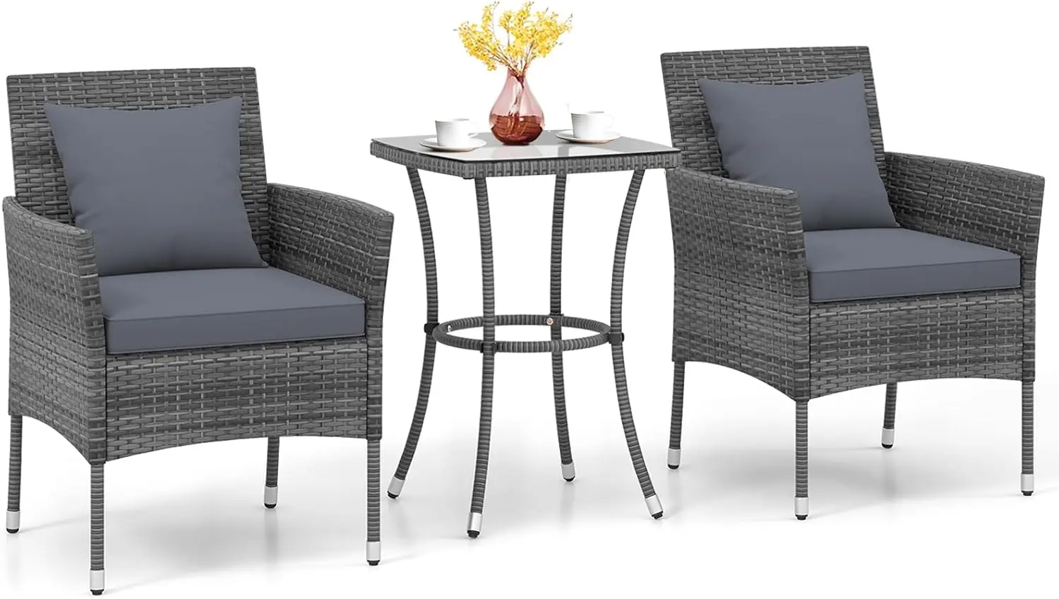 

3-Piece Outdoor Patio Furniture Set, PE Rattan Bistro with Glass Table & Cushions for Garden, Porch, Balcony (Grey)