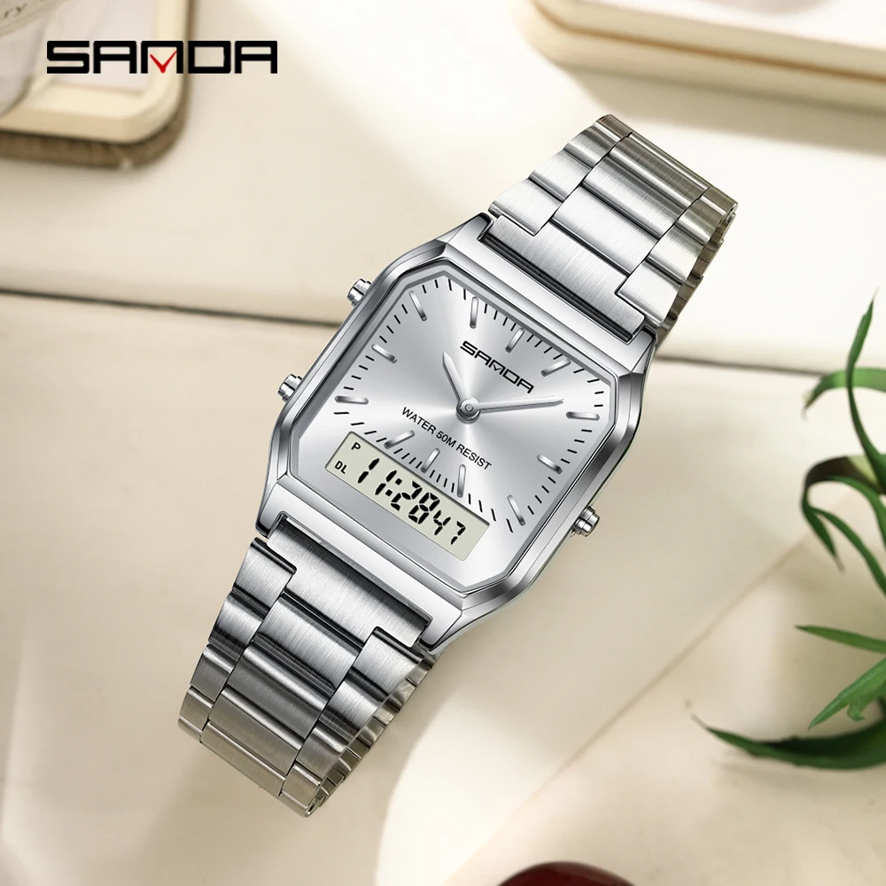 Sanda 747 Retro Elegant Neutral Business Quartz Square Full Stainless Steel Calendar Luminous Lady Casual Dual movement Watches