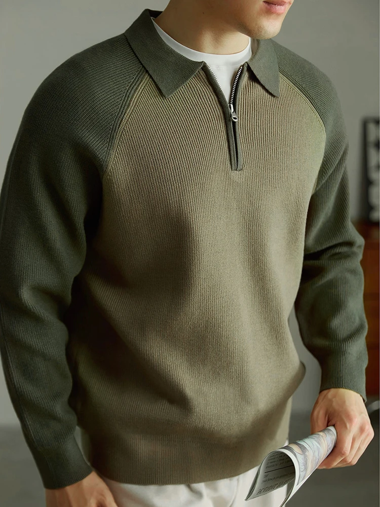 

American Sle Retro Casual f High Zip Knitwear Long Sve Turn-down Collar Men's T-irt Base Layer Sweater