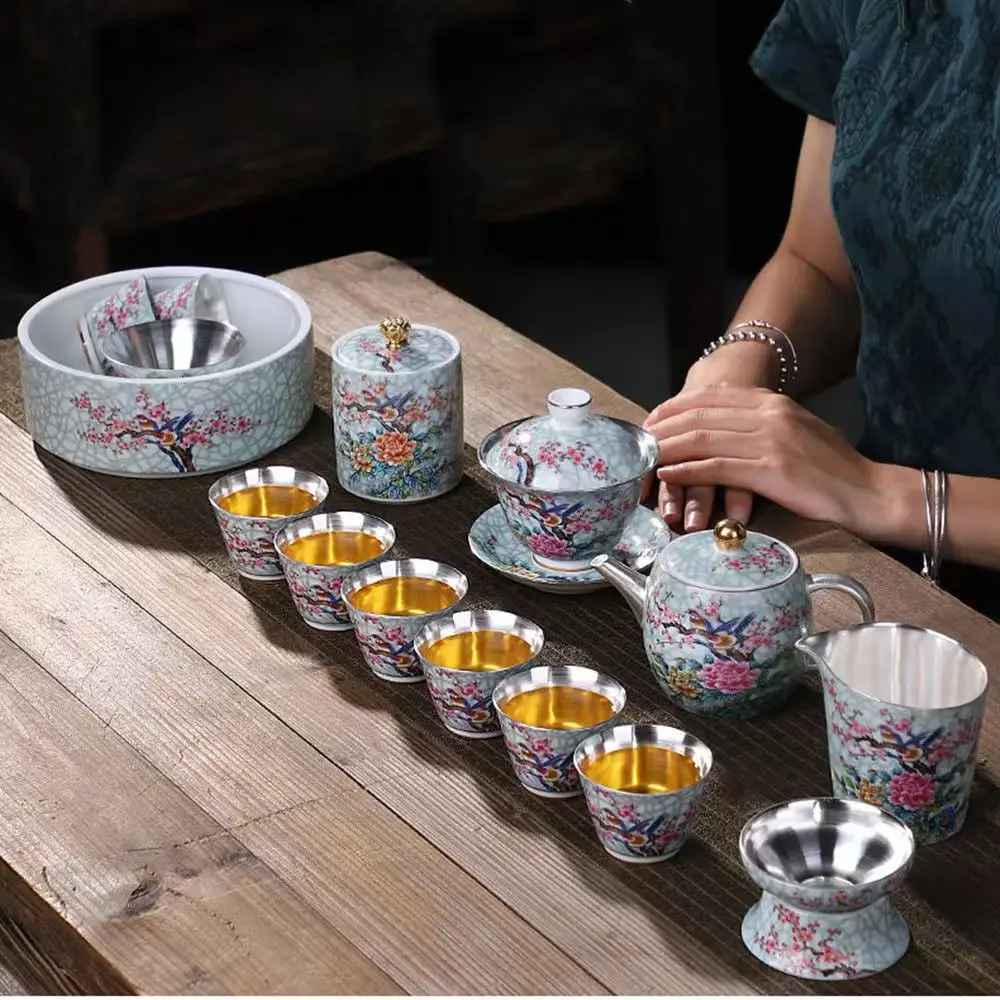 

Silver Tea Set Set, Tea Cup, Enamel Colored Ceramic, Household Tea Making Lid Bowl, High-End Gift Giving, Light Luxury Goods