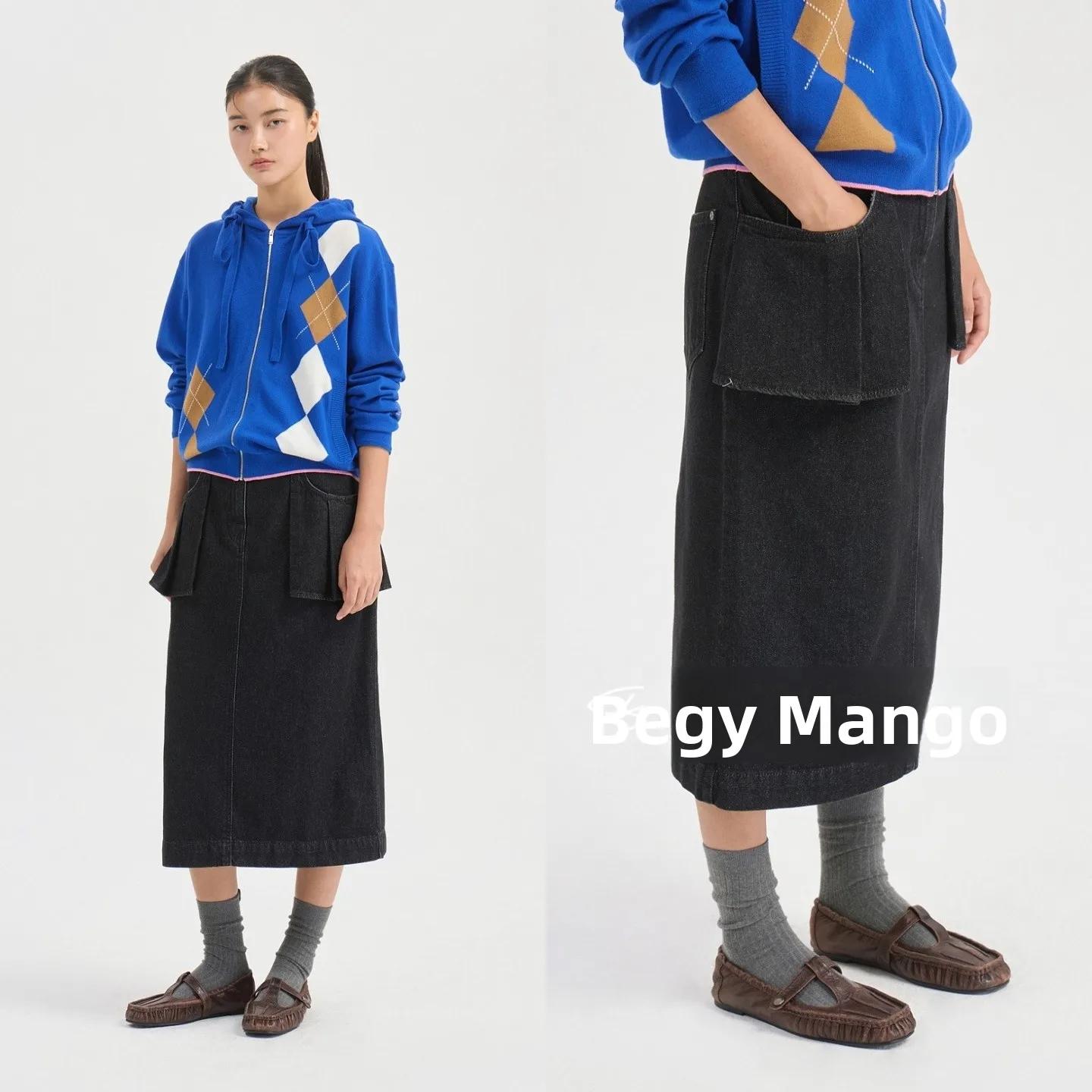 Cotton Denim Half Skirt Commute Stylish Pocket Design Slimming Straight Cut Korean Style Women's mid Waist Cotton Skirt
