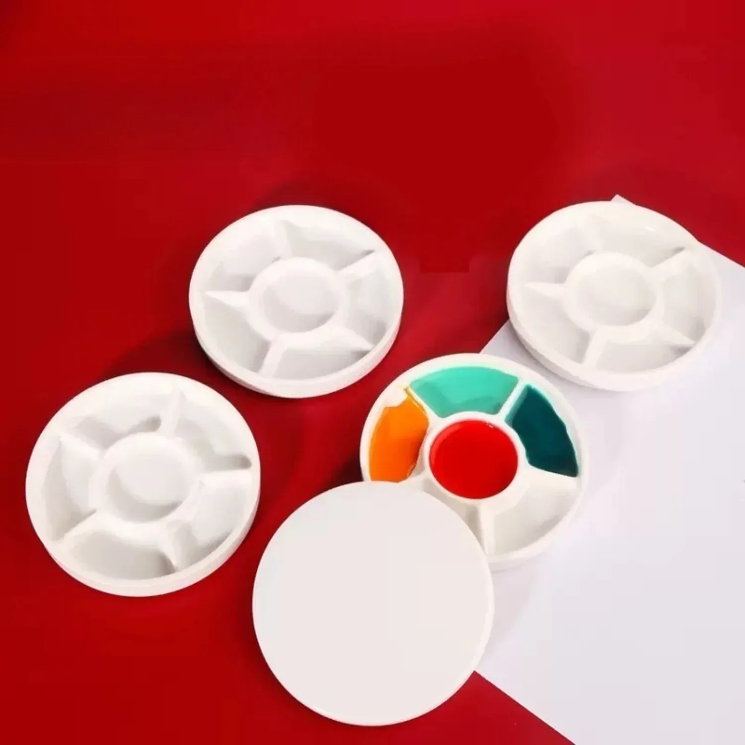 Imitation Porcelain Round Palette with Lid Acrylic Watercolor Painting Multifunctional White Paint Tray Artist Supplies