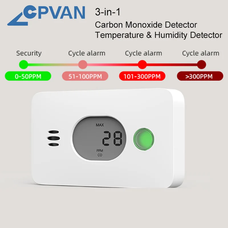 CPVAN Wireless 3-in-1 Digital screen Carbon Monoxide Detector with Temperature & Humidity for Home Security Protection CO Alarm