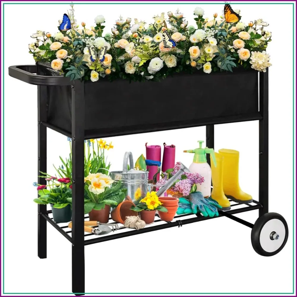

Outdoor Raised Planter Bed Box with Legs, Elevated DIY Garden Cart on Wheels for Vegetables, Flowers, Tomato, Herb, Black