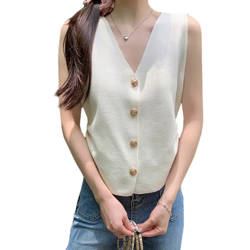 ภาษาฝรั่งเศสคําสีทึบ High end แฟชั่นเสื้อกั๊กเสื้อ V คอ Single-breasted Slim ถักเสื้อกั๊กสําหรับสตรี