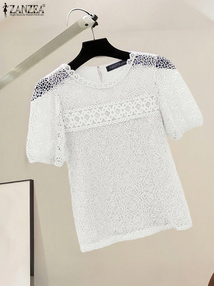 

ZANZEA Women Lace Blusas Casual Loose Short Sleeve Blouses 2025 Fashion O Neck Tunics Bohemian Hallow Out Tops Oversize Pullover
