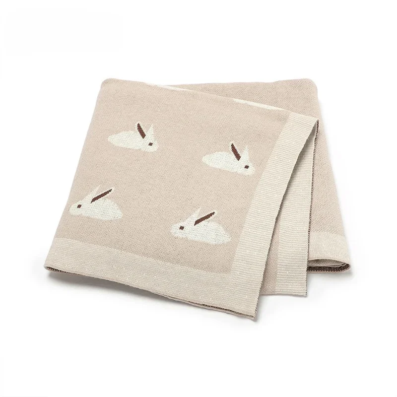Cute Rabbit Print Knitted Baby Blanket 100*80cm Multi Use Soft Swaddle Wrap Stroller Cover or Play Mat for Newborns