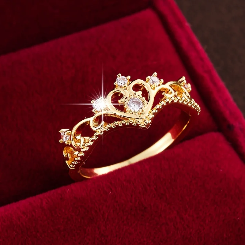 Elegant Gold Color Crown Ring for Women with Sparkling Cubic Zirconia Intricate Design, Perfect for Casual Attire or Gift Giving