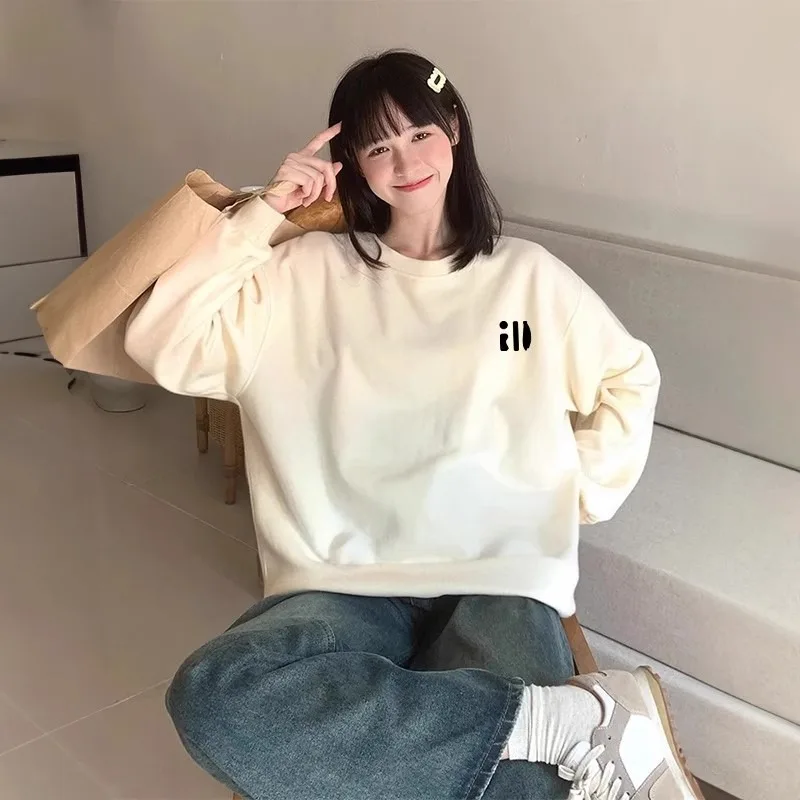 White Gray Round neck Hoodie Women Autumn Winter 2025 New Oversize Thicken Sweatshirt Casual Loose Warm Y2K Top Female Pullover