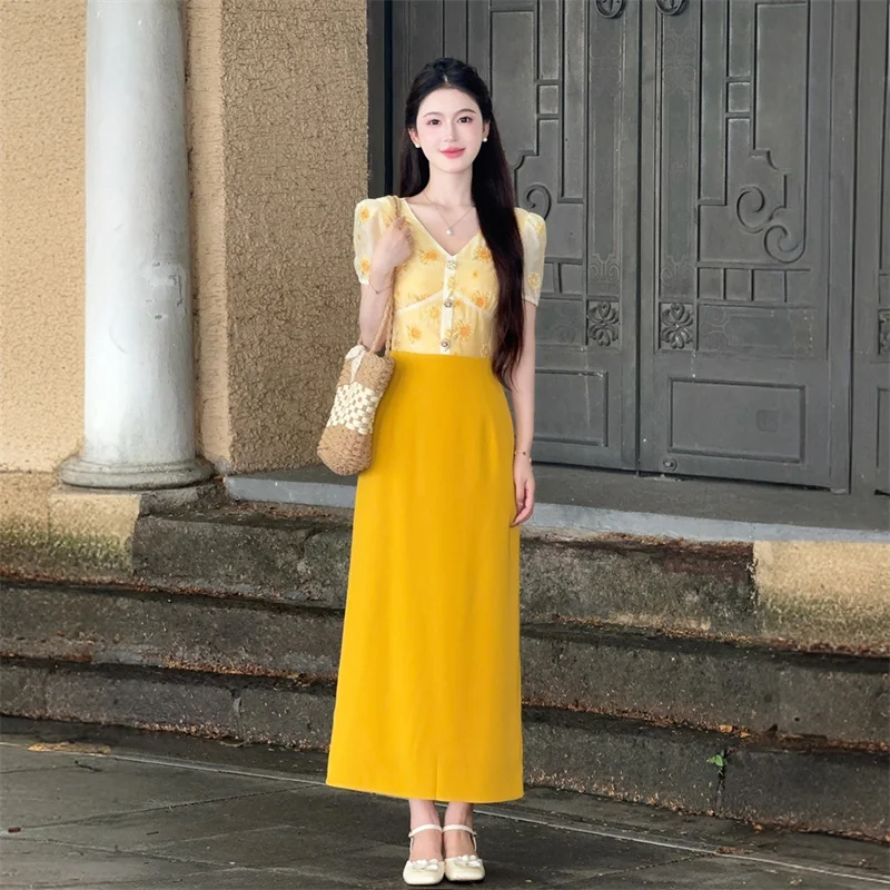 ใหม่แฟชั่นพิมพ์ลายดอกไม้ผู้หญิงฤดูร้อนแฟชั่น Patchwork เอวสูง Midi ชุด Slim Contrast สี Office Lady Vestidos