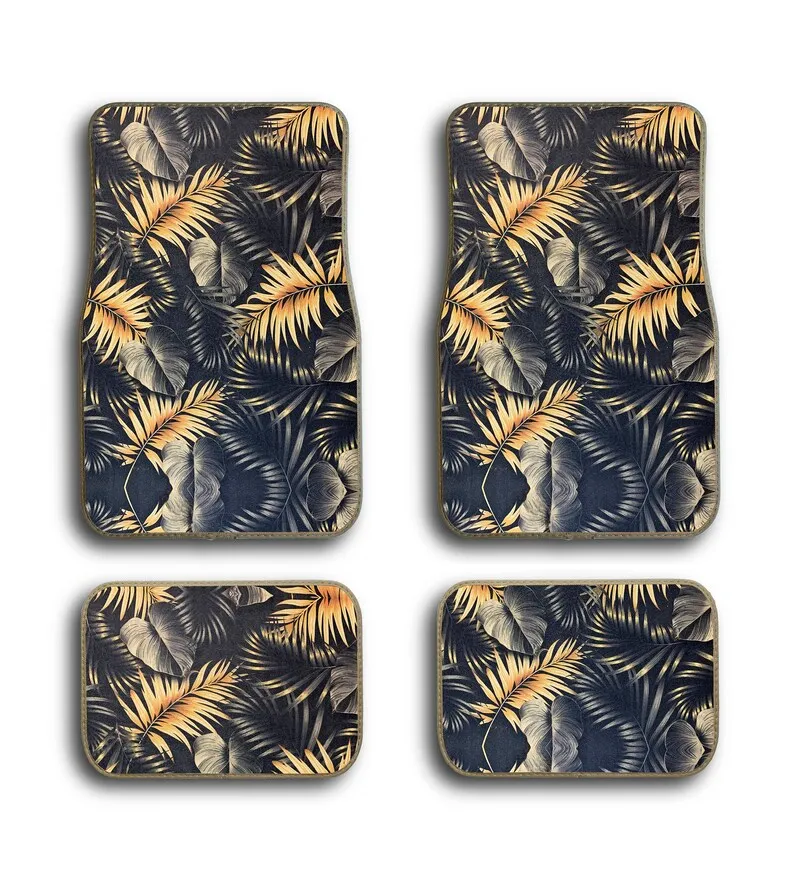 

Gold Tropical Hawaiian Elegant Print Universal Fit Front/Rear 4-Piece Full Set Bling Carpet Car SUV Truck Floor Mats For Women &