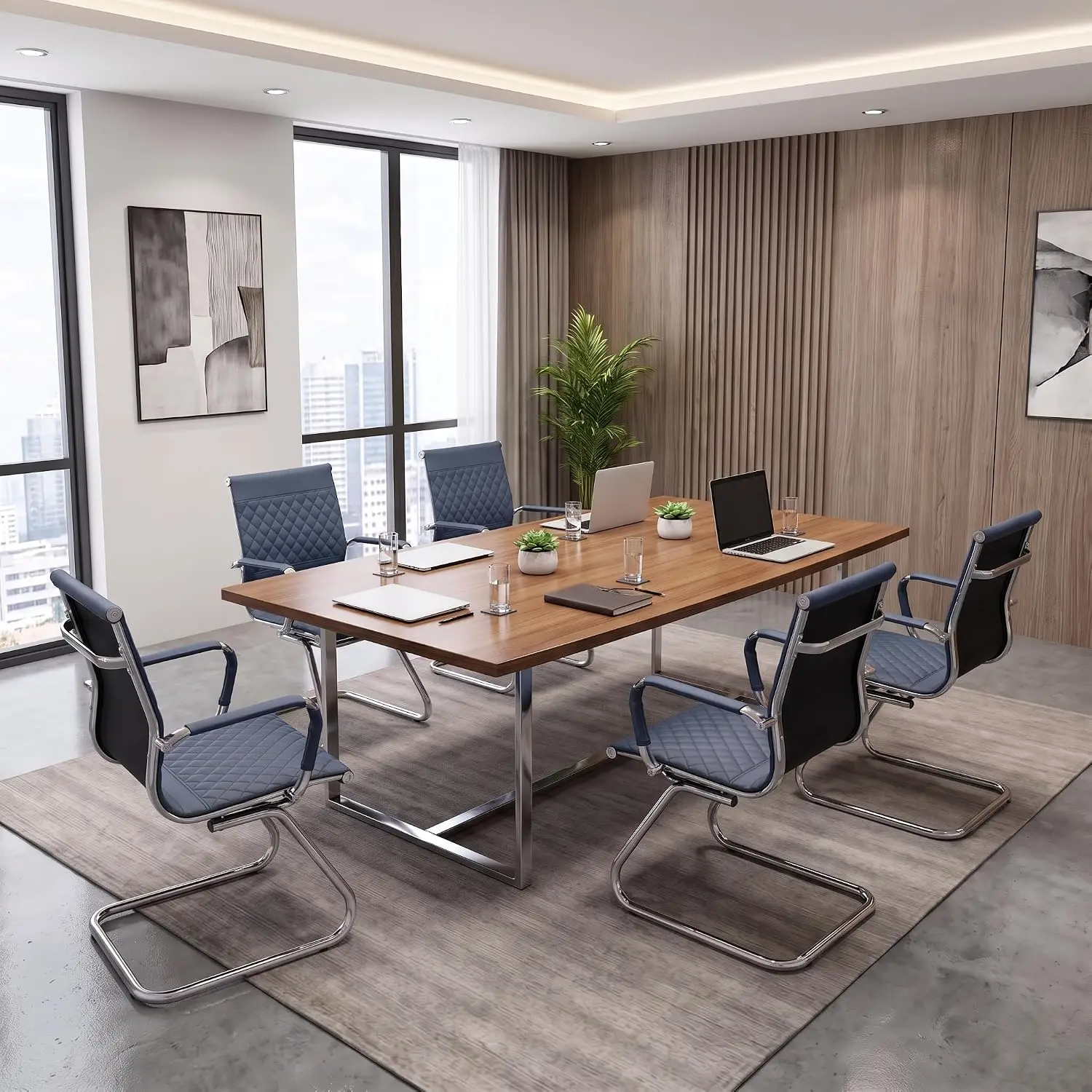 Office Guest Chairs, 4-Piece Set, Navy Blue PU Leather Upholstery
