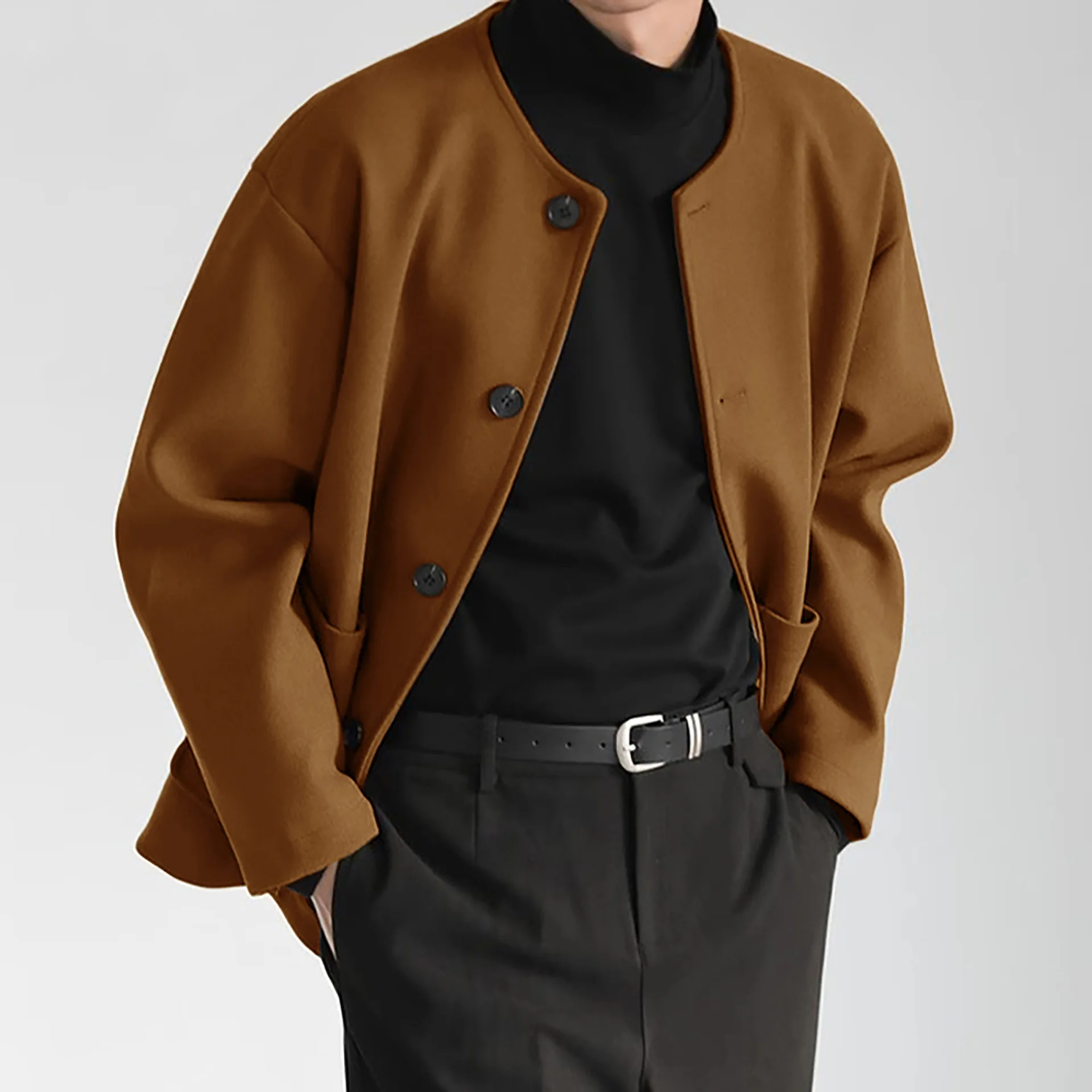 Autumn Winter Korean Style Men Solid Color O-neck Single Breasted Long Sleeve Loose Fit Simple Basic Casual Daily Wool Coat Male