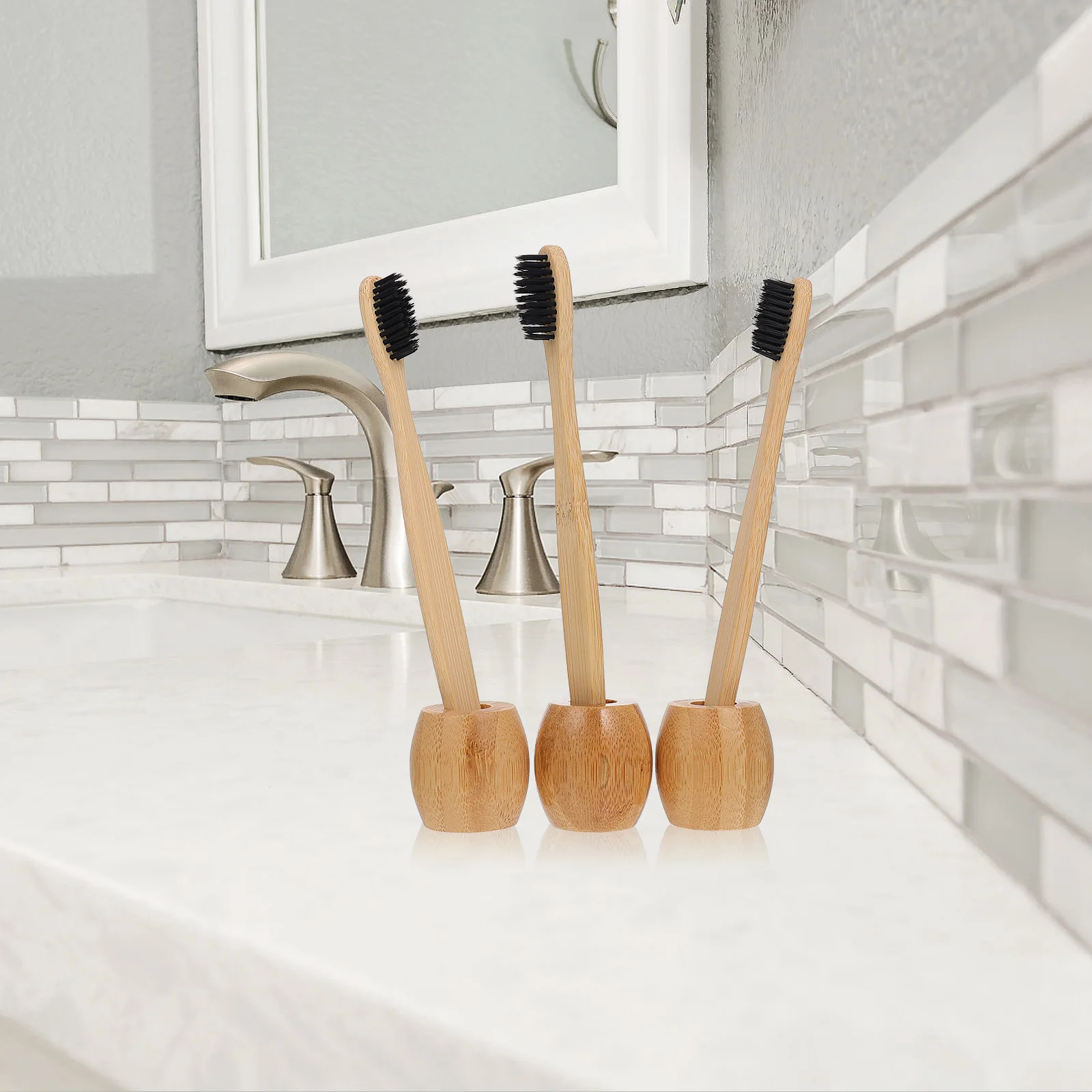 

3pcs Bamboo Toothbrush Holder Light Brown Mini Size Stand For Razor Pen Bathroom Storage Practical Toothbrush Racks Home