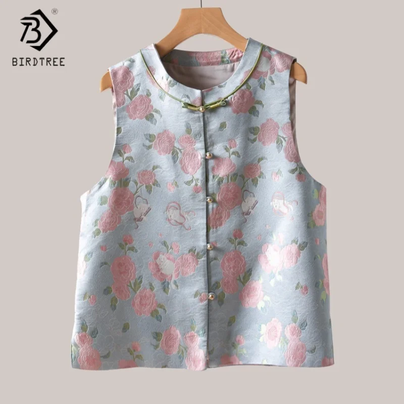 

Birdtree,100% Mulberry Silk Waistcoat,Women Song Brocade Blue Vest,Single Breasted,Floral Print,Chinese-style,2025 New T5D430JF