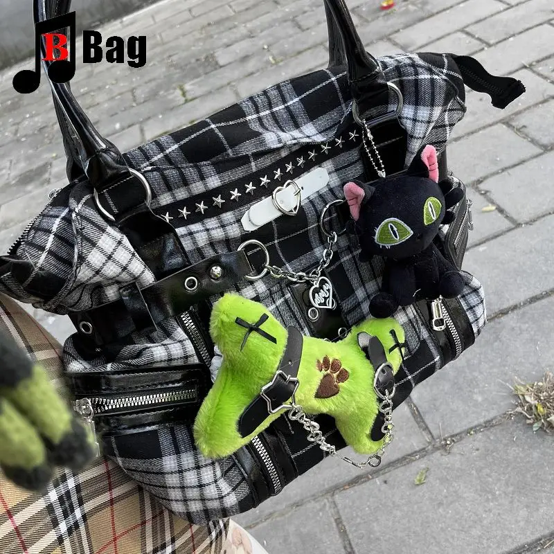 Y2k Girl Womens Tote Bag Plush green bone kitten lovely Aesthetic Steampunk Punk Large Shoulder Bag Rivets Literary Original bag