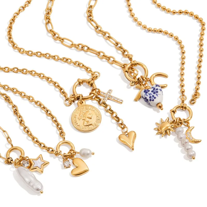 

Minar Classic Floral Ceramic Shell Star Irregular Faux Pearl CZ Zircon Heart Coin Pendant Necklaces for Women Stainless Steel