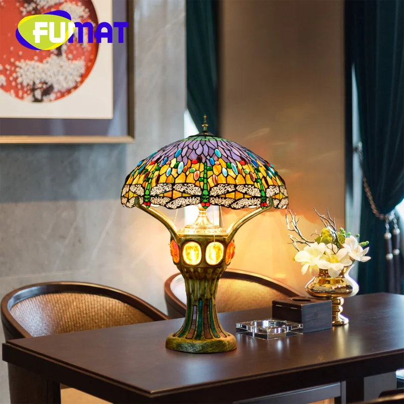 

FUMAT Tiffany stained glass desk lamp retro style art deco living room study bedroom bedside bar antique office lamp