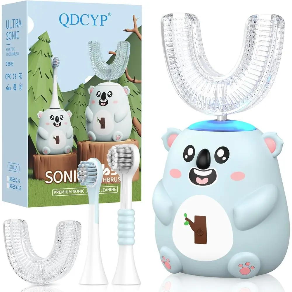

Children's 360° Rotating Electric Toothbrush, 6 Modes, 4 Brushes, Adorable Koala Theme for Ages 2-6 (Grey Blue)