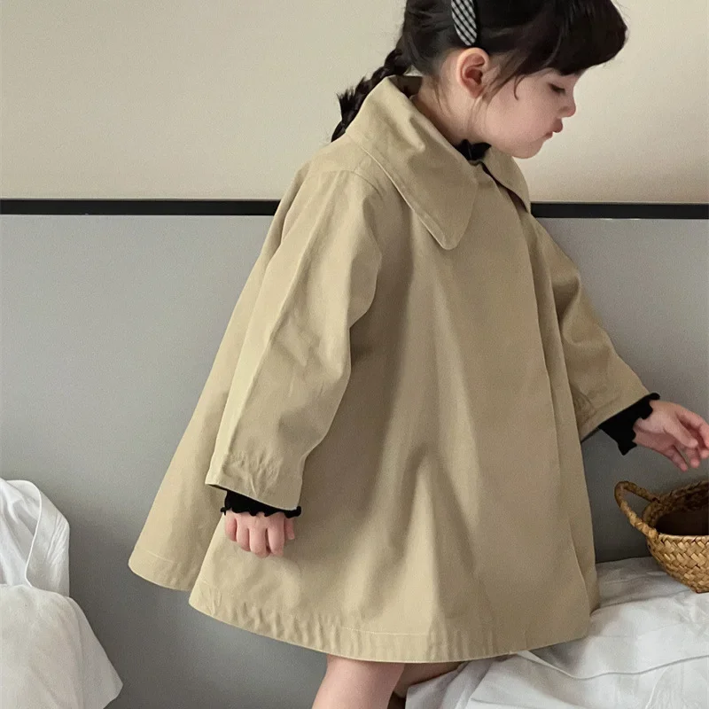 Trench Autumn New Childrens Clothing European Style Girl Loose Coat Solid Color 2024 Simple Turn Down Collar Versatile