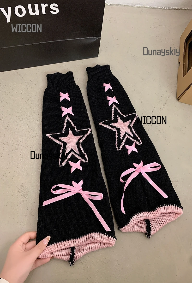 Y2K Star Print Leg Warmers - Black/White/Pink Kawaii Socks for JK Lolita Fashion Adjustable Ribbon Tie Christmas Halloween Gift