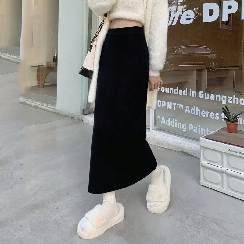 Simple Basic Knitted Skirts Female Korean High Waist Slim Fit Long Pencil Skirt Ladies Solid Color Casual All-Match Midi Skirts