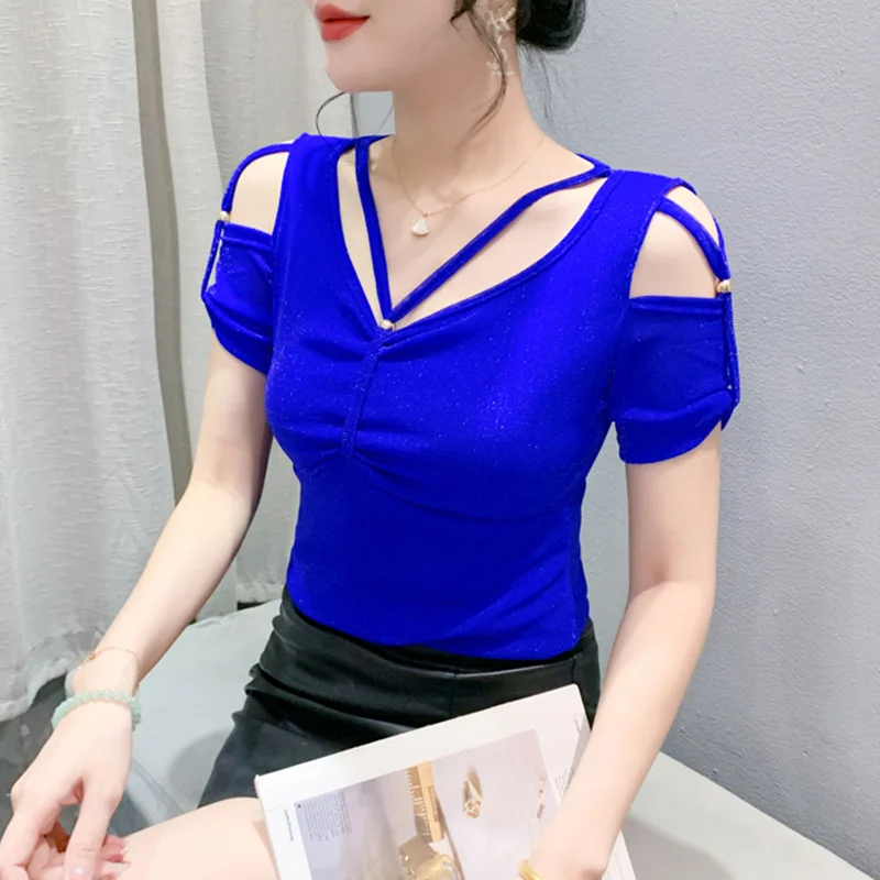 Summer New Sexy Mesh T-Shirt Elegant Slim Hollow V-neck Short Sleeved Solid Color Women\'s Top