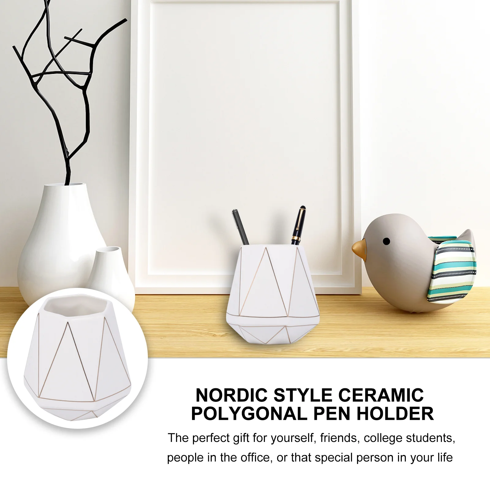 

1Pcs Ceramic Geometric Pen Holder Low-Key Luxury Desktop Organizer Brush Container Office Home Decoration Gift