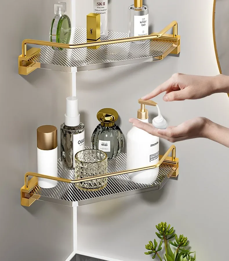 New Acrylic Storage Shelves Free Punch Bathroom Luxury Golden Silver Tripod Shower Room Toilet Storage Rack Accessories Shelf