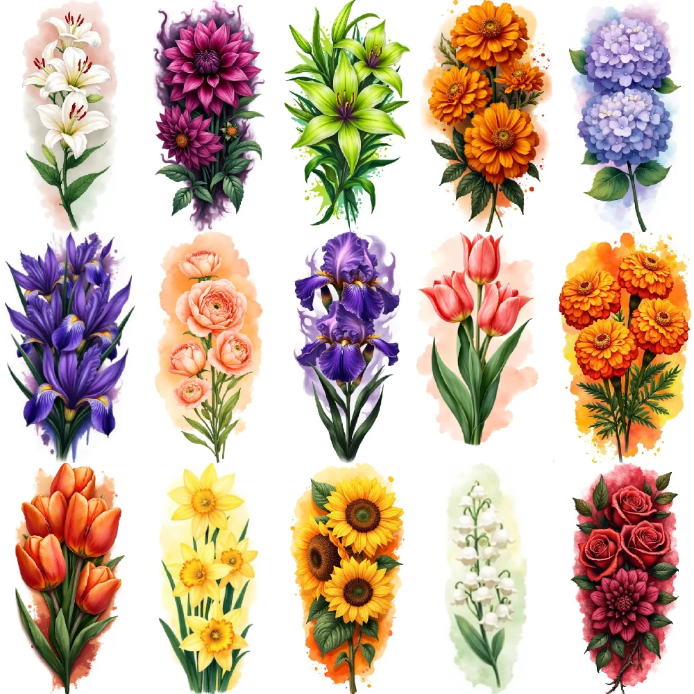 

9pcs Temporary Tattoo Waterproof Long-lasting Body Stickers Iris Flowers Lilies Roses For Thighs Adult Shoulders