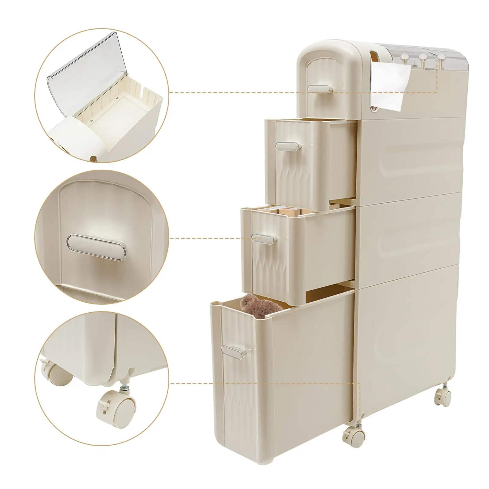 Bathroom Slim Storage Cabinet, 4-Tiers Narrow Organizer with Casters and Drawers Toilet Paper Holder Rolling Utility Cart for Sm