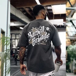 Oversized Rose Letter Print Cotton Mens Fitness T Shirt Loose Sportswear Gym Men Sports Clothing Casual Fitness Running Shirts