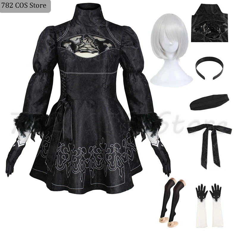 Большой размер Yorha 2B Косплей Костюм Черное трико Платье 2B Полный комплект Хэллоуин Shojou Волшебная девушка Одежда Парик Перчатки Маска для глаз Носки