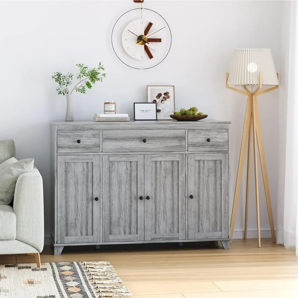 Kitchen Buffet with 3 Drawer & 4 Doors Adjustable Shelves, Wood Accent Cabinet, Classic Farmhouse Style Kitchen Cabinet