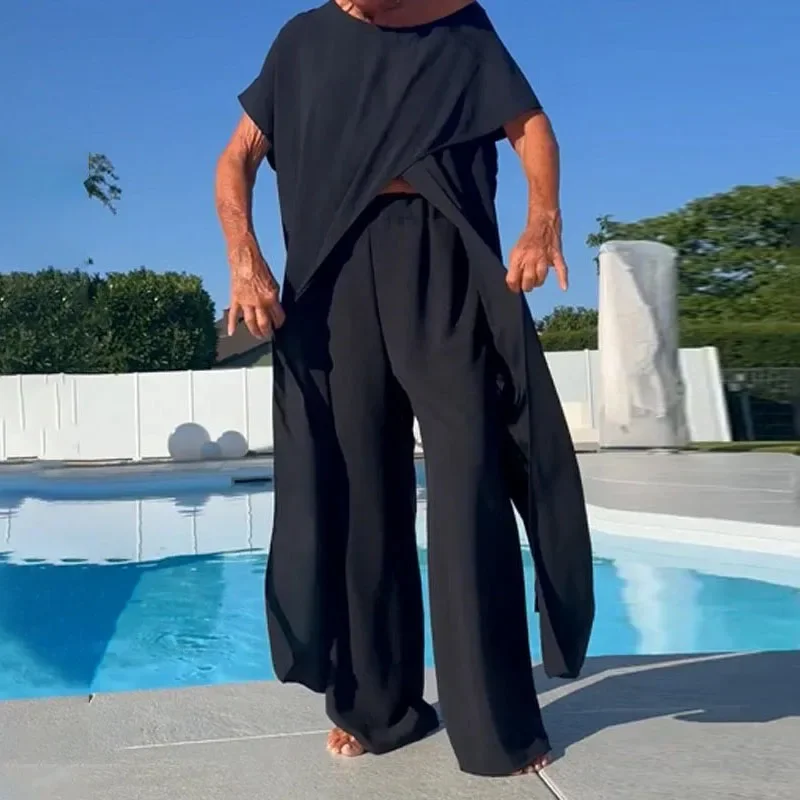 

Chic Crew Neck Slit Long Top+High Waist Pant 2 Piece Set Woman Casual Solid Cotton Linen Suits Summer Short Sleeve Loose Outfits