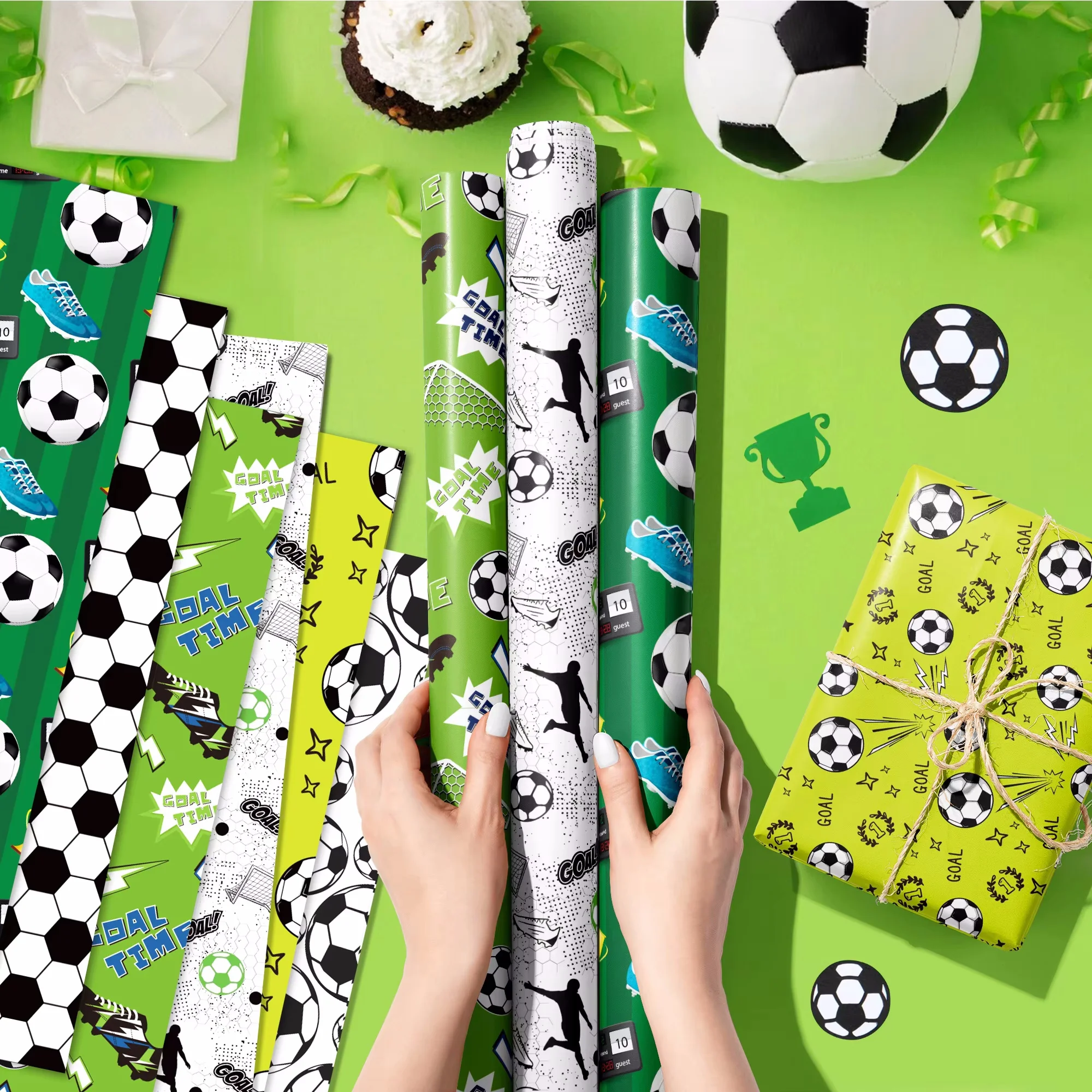 12 قطعة من مواد تغليف نمط كرة القدم الرياضية باللونين الأخضر والأبيض، هدايا حفلات أعياد الميلاد، أوراق تزيين للتغليف الحرفية #4