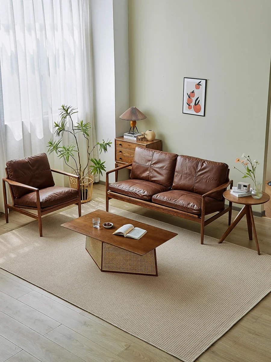 Retro solid wood leather sofa living room straight row double triple top layer cowhide bedroom simple modern small apartment
