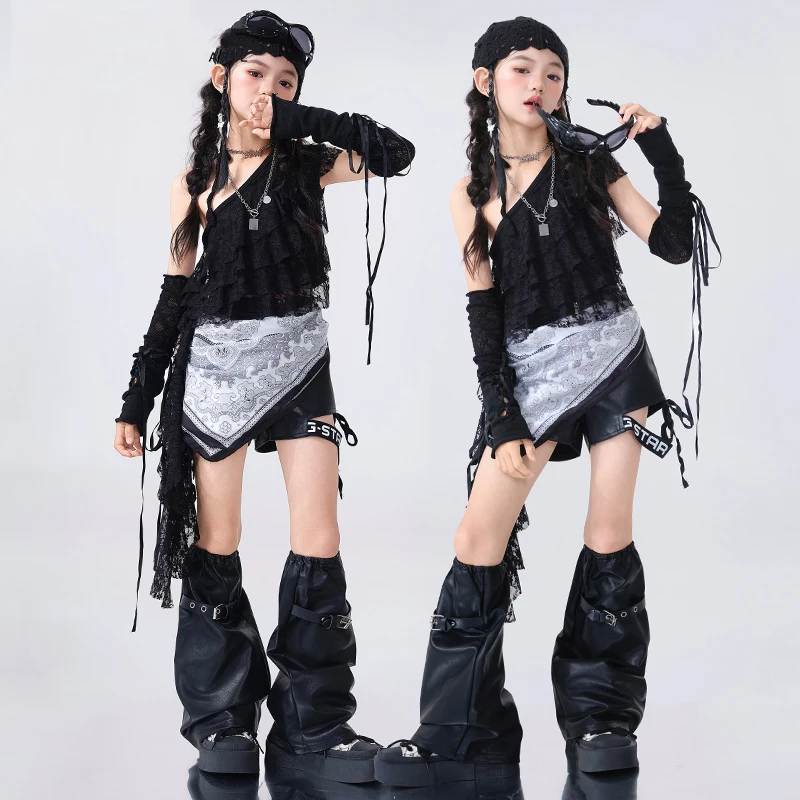 Kpop الفتيات ملابس رقص الجاز الأسود بلوزات من الدانتيل السراويل الجلدية العجل الأكمام الهيب هوب أداء الملابس الحفل المرحلة ارتداء BL16210 #2