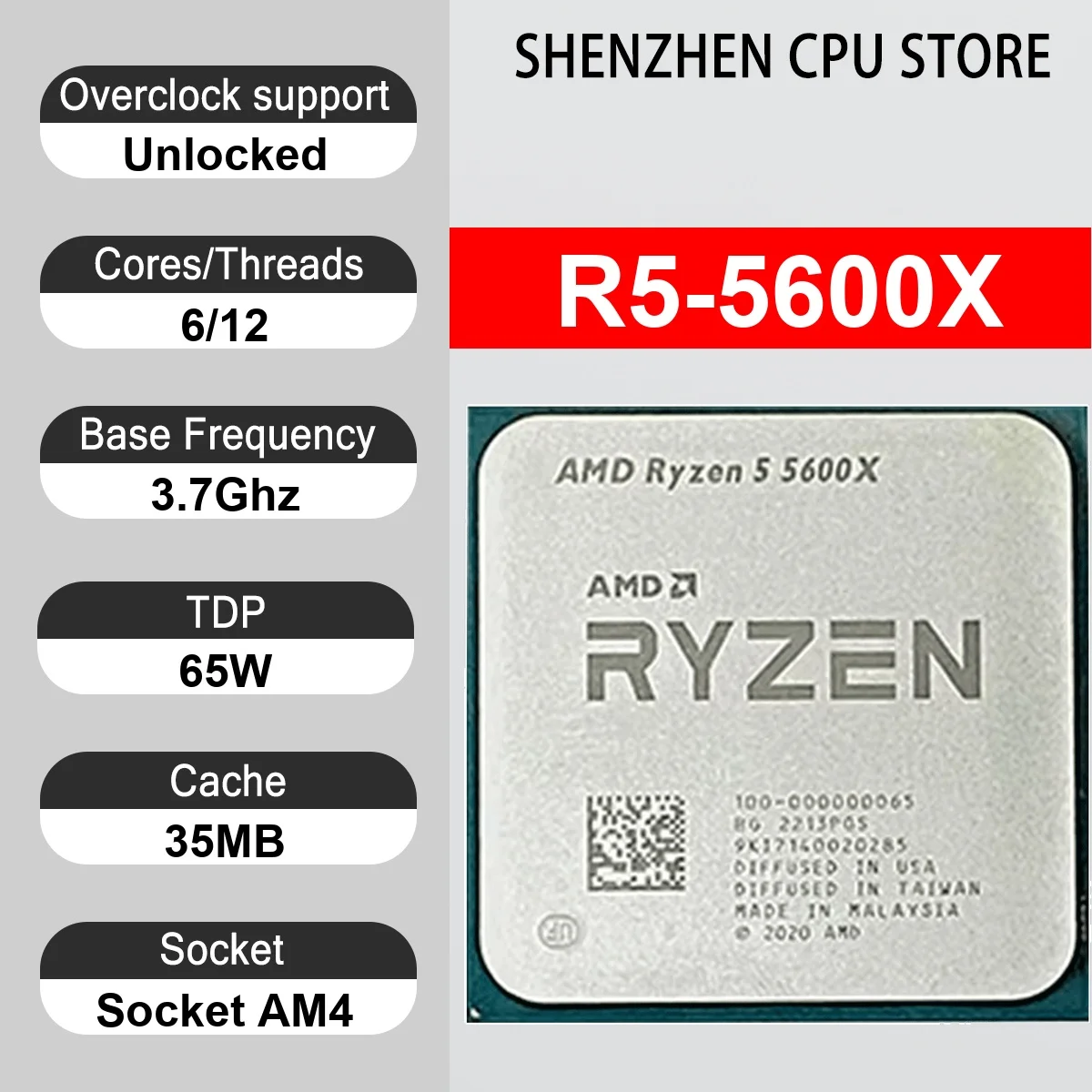 AMD Ryzen 5 5600X 6-Core 12-Thread 7NM 3.7Hz/4.6GHz L3=32MB 65W CPU Gaming Processor Socket AM4 DDR4 NEW No Cooler No Fan