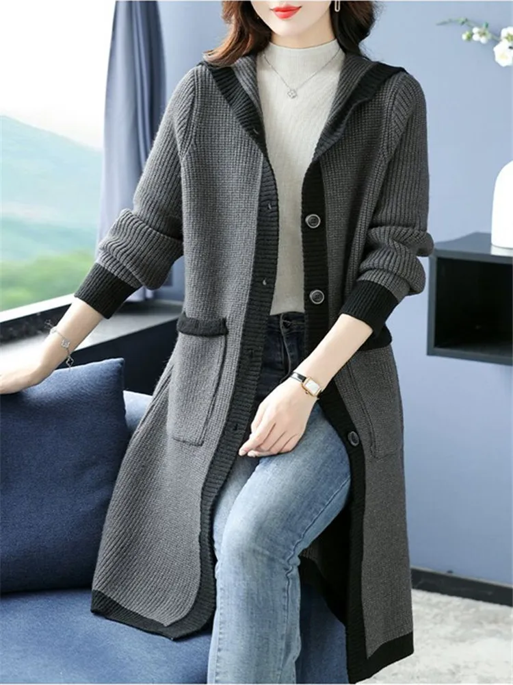 Knitted Cardigan Women Full Sleeve Hooded Single Breasted Long Coats Sweaters Loose Solid Splice Open Stitch tops Spring Autumn