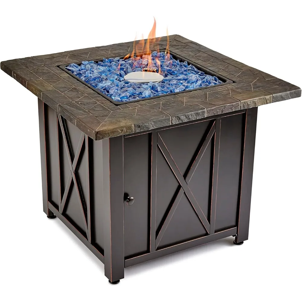 

30 Inch Square 30,000 BTU Liquid Propane Gas Outdoor Fire Pit Table w/Push Button Ignition, Blue Fire Glass, & St