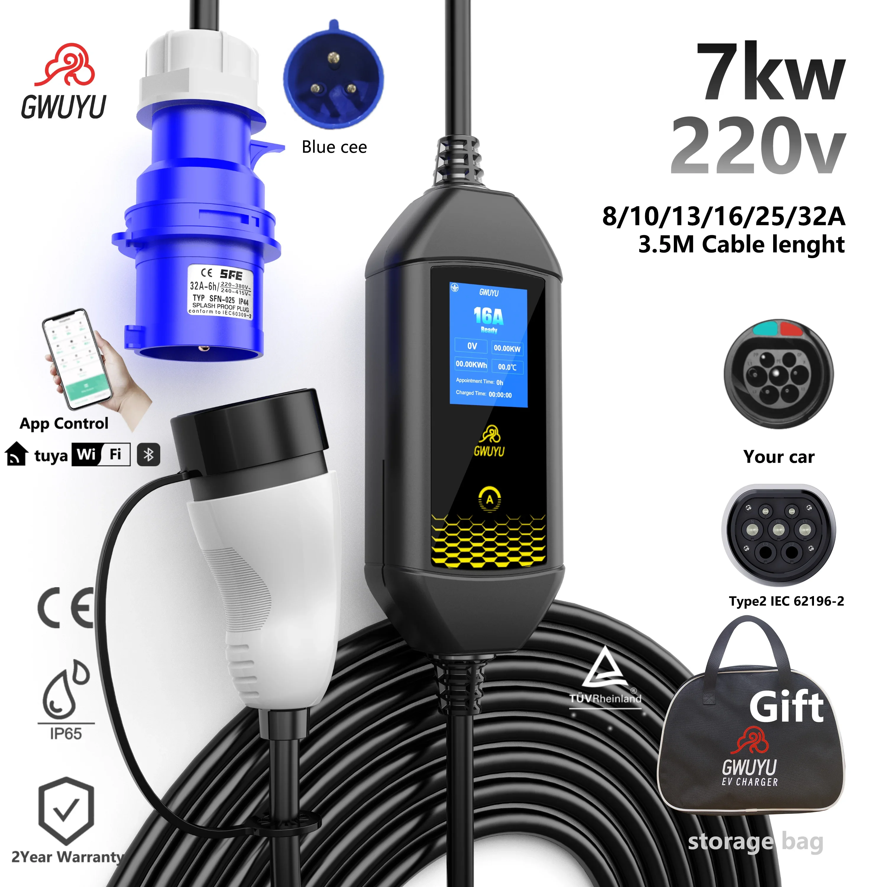 

GWUYU 16A 3.5KW 32A 7KW Type 2 EV Portable Charger 3.5m Cable for Electric Vehicle Car WallBox Charger with Display Screen