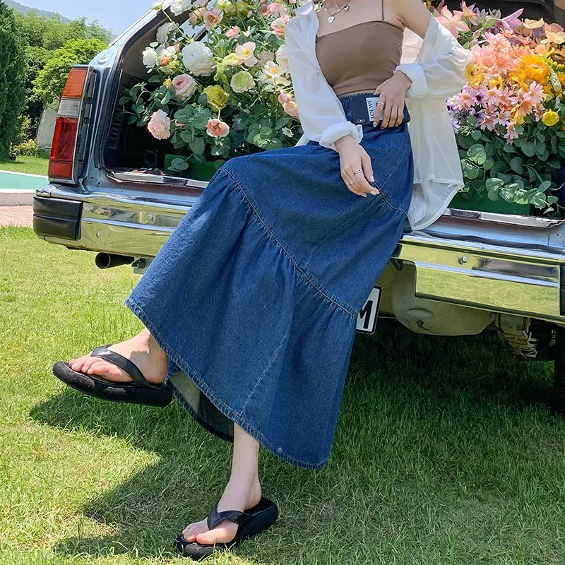 TIYIHAILEY Long Maxi Vintage A-Line Denim Skirt Women Deep Blue Jeans Plus Size S-6XL Big Hem Elastic Waist Skirts New Fashion