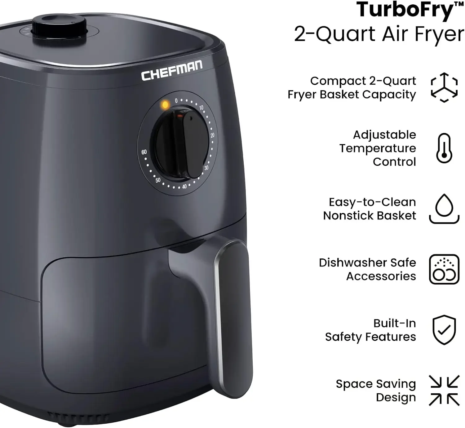 NEW TurboFry 2-Quart Air Fryer, Dishwasher Safe Basket & Tray, Use Little to No Oil For Healthy Food, 60 Minute Timer