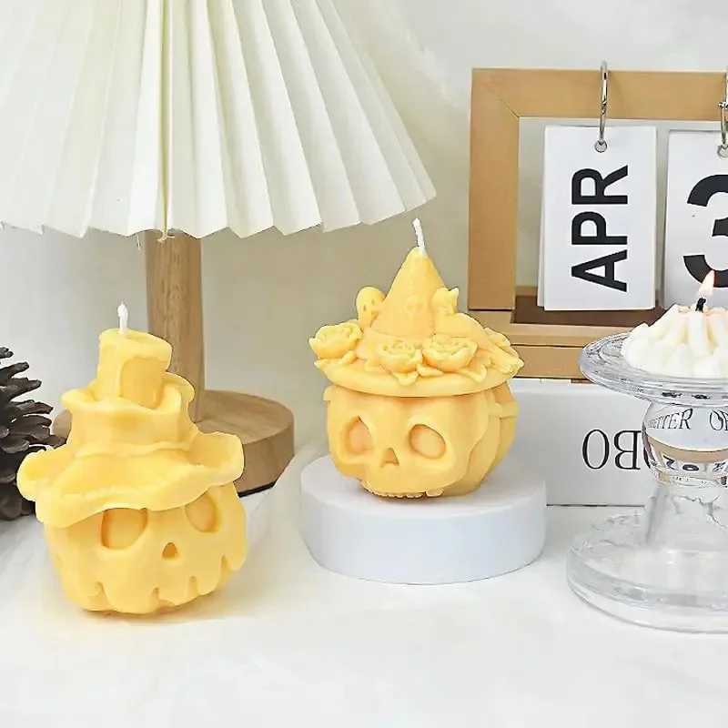 1‑2Pcs 3D Pumpkin Skull With Wizard Hat Silicone Mold For Aromatherapy Candle Resin Gypsum Halloween Diy Craft Mould
