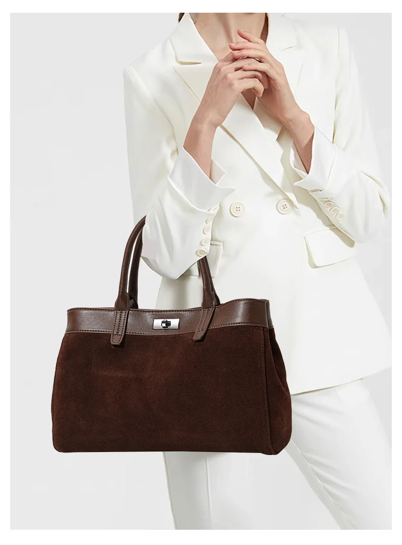 Damen Wildleder- & Leder-Tragetasche, Henkeltasche mit Silber-Verschluss, Damen-Umhängetasche Ideal für Arbeit & Alltag – Detail 2
