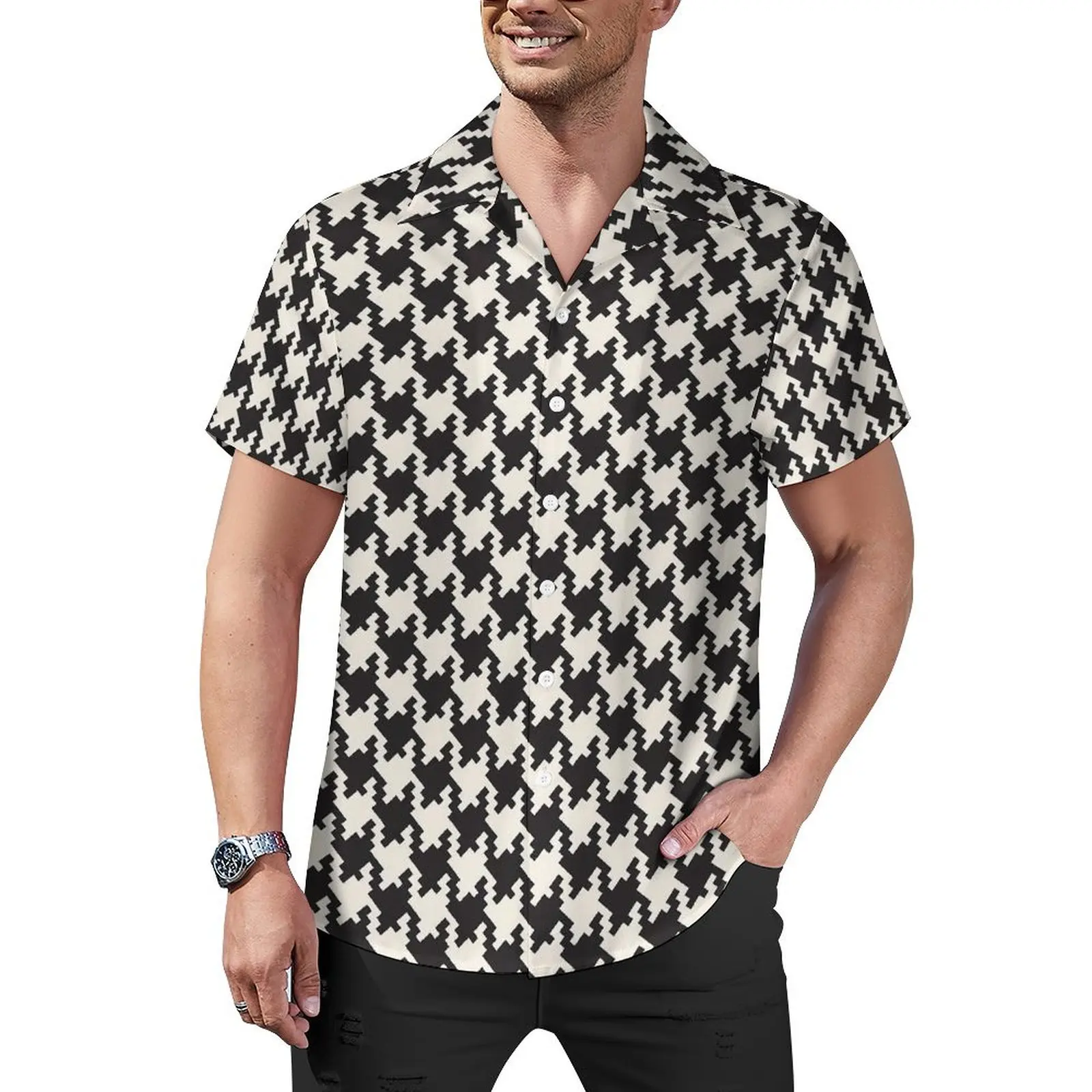 

Houndstooth Check Beach Shirt Black And White Hawaiian Casual Shirts Male Trendy Blouses Short Sleeve Fashion Graphic Clothing