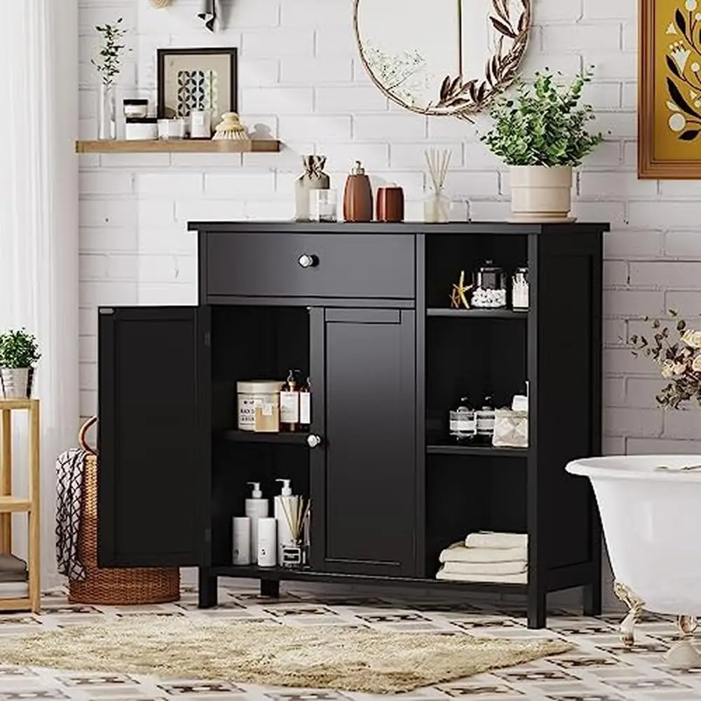 Bathroom Cabinet Doors Drawer Adjustable Shelf Cupboard Organizer Storage Wood Black