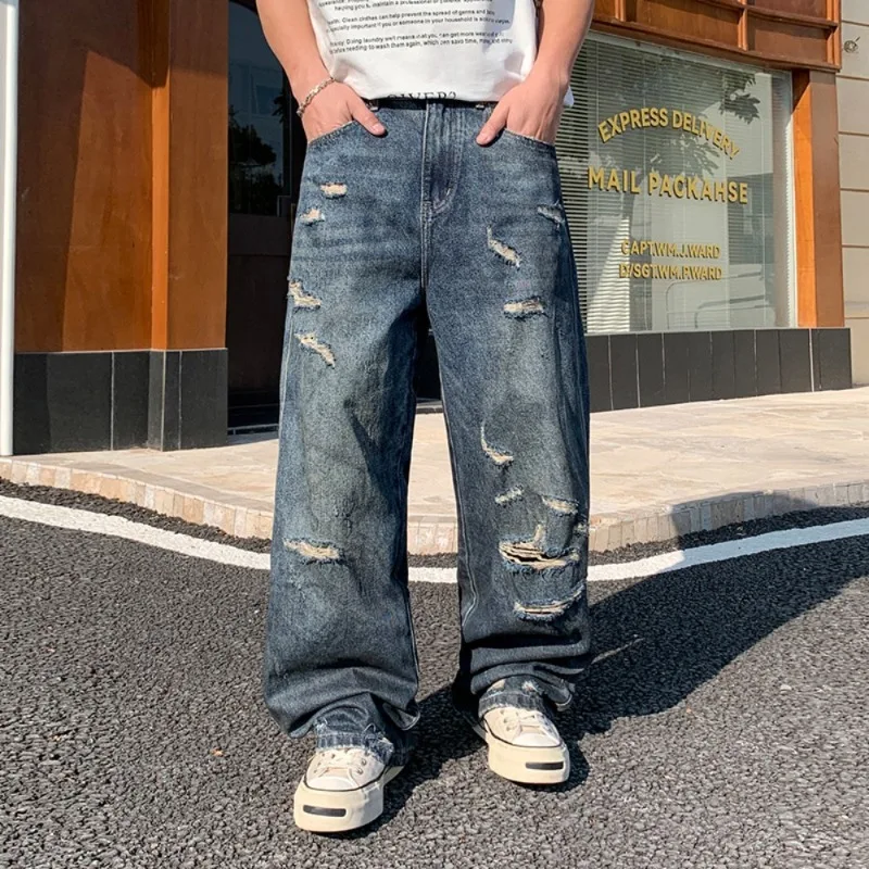American Retro High Street Ripped Jeans Korean Fashion Denim Baggy Wide Leg Pants for Men Japan Korean Y2k Streetwear Men Pants